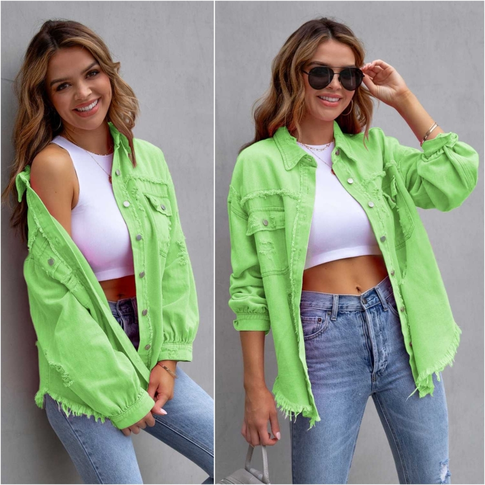 Rugged Vogue Distressed Denim Jacket - Lime